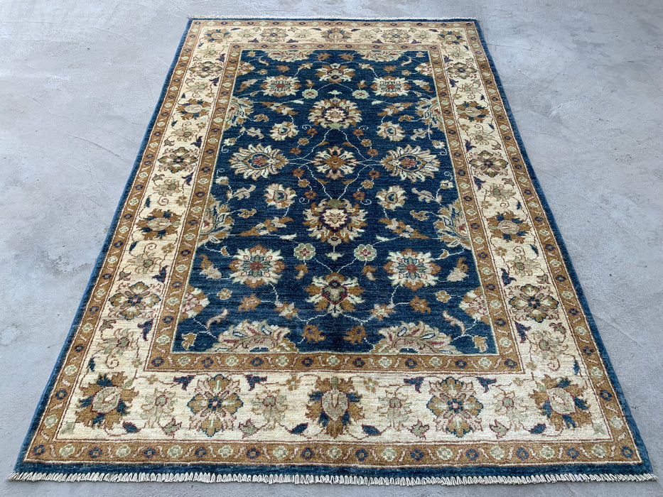 183 cm x 122 cm handgeknoopt Peshawari Chobi wollen tapijt - Blauw traditioneel bloemmotief vloerkleed - KBHM-583