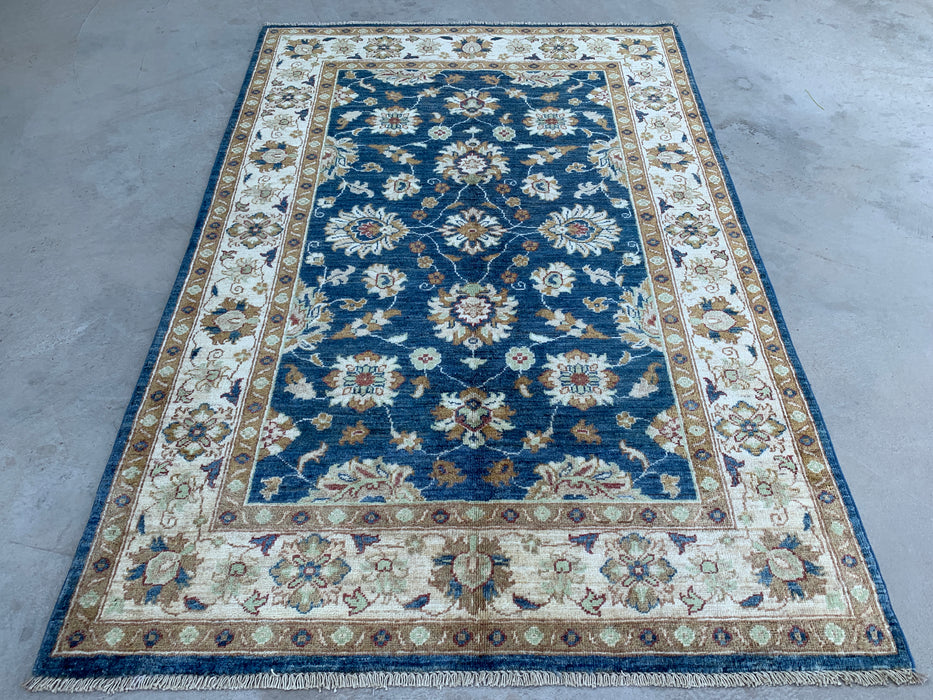 183 cm x 122 cm handgeknoopt Peshawari Chobi wollen tapijt - Blauw traditioneel bloemmotief vloerkleed - KBHM-583