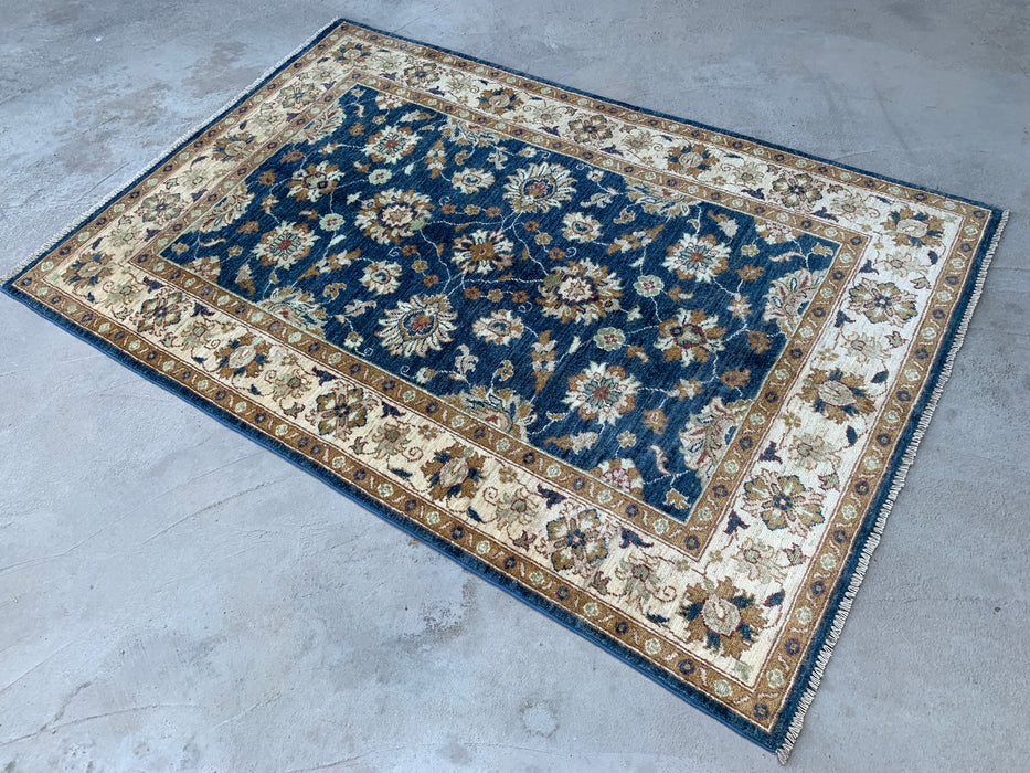 183 cm x 122 cm handgeknoopt Peshawari Chobi wollen tapijt - Blauw traditioneel bloemmotief vloerkleed - KBHM-583