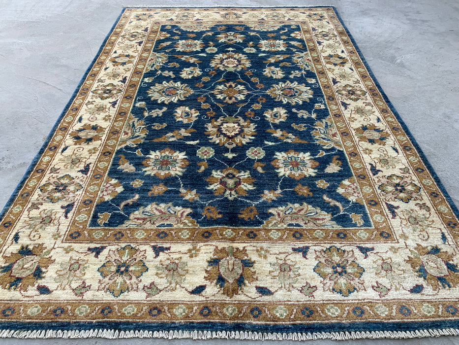 183 cm x 122 cm handgeknoopt Peshawari Chobi wollen tapijt - Blauw traditioneel bloemmotief vloerkleed - KBHM-583