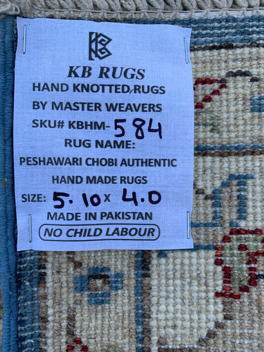 5'10 x 4'0 Hand-Knotted Peshawari Chobi Wool Rug - Blue Traditional Floral Area Rug - KBHM-584