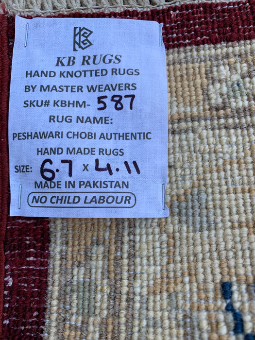 6'7 x 4'11 Hand-Knotted Peshawari Chobi Wool Rug - Red Traditional Floral Area Rug - KBHM-587