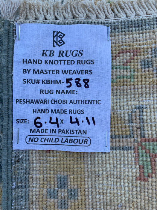 193 x 150 cm handgeknoopt Peshawari Chobi wollen tapijt - Grijs traditioneel bloemenkleed - KBHM-588