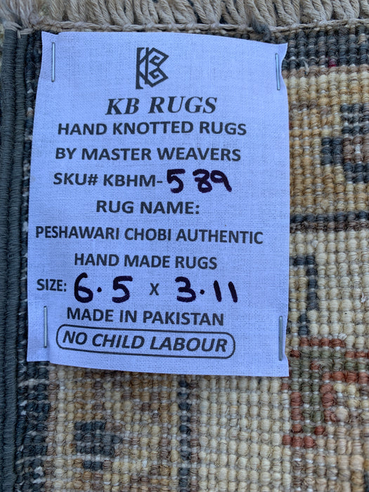 6'5 x 3'11 Hand-Knotted Peshawari Chobi Wool Rug - Blue Traditional Floral Area Rug - KBHM-589