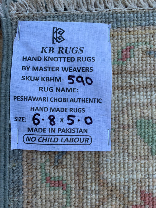 6'8 x 5'0 Hand-Knotted Peshawari Chobi Wool Rug - Gray Traditional Floral Area Rug - KBHM-590