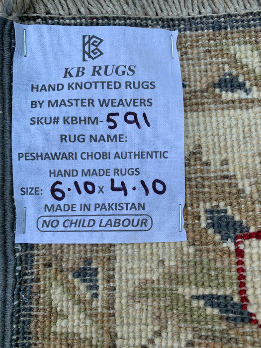 6'10 x 4'10 handgeknoopt Peshawari Chobi wollen tapijt - Blauw traditioneel bloemmotief vloerkleed - KBHM-591