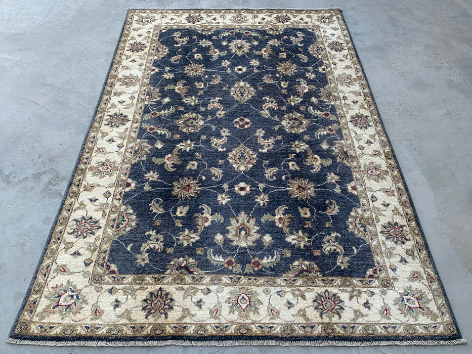 6'10 x 4'10 handgeknoopt Peshawari Chobi wollen tapijt - Blauw traditioneel bloemmotief vloerkleed - KBHM-591