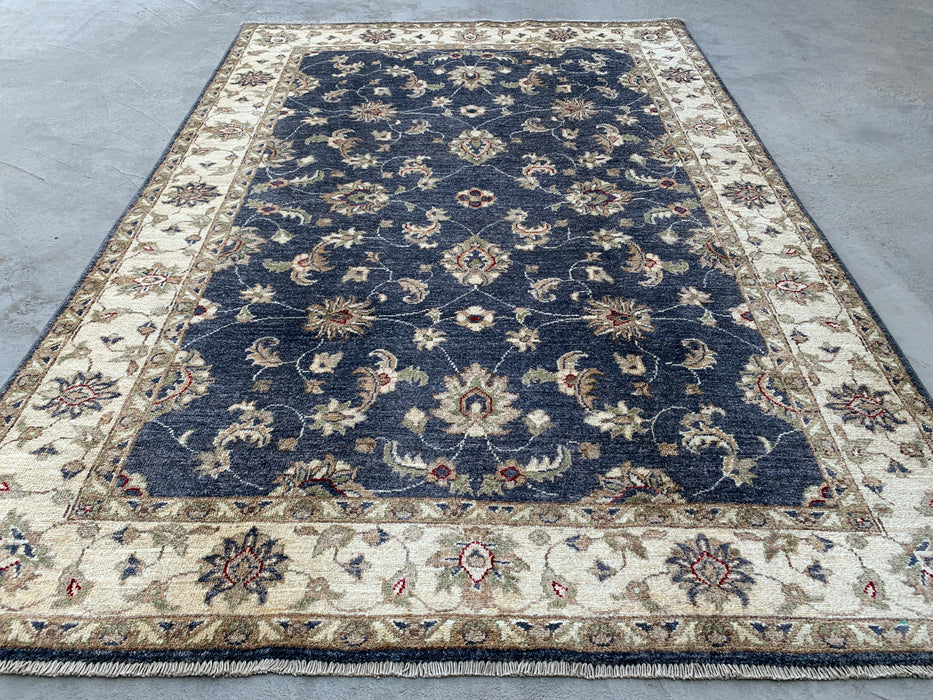 6'10 x 4'10 handgeknoopt Peshawari Chobi wollen tapijt - Blauw traditioneel bloemmotief vloerkleed - KBHM-591