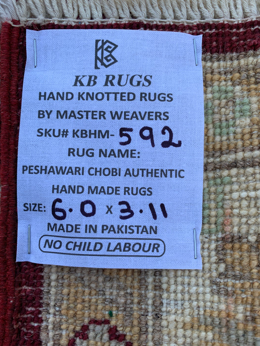 6'0 x 3'11 Hand-Knotted Peshawari Chobi Wool Rug - Red Traditional Floral Area Rug - KBHM-592