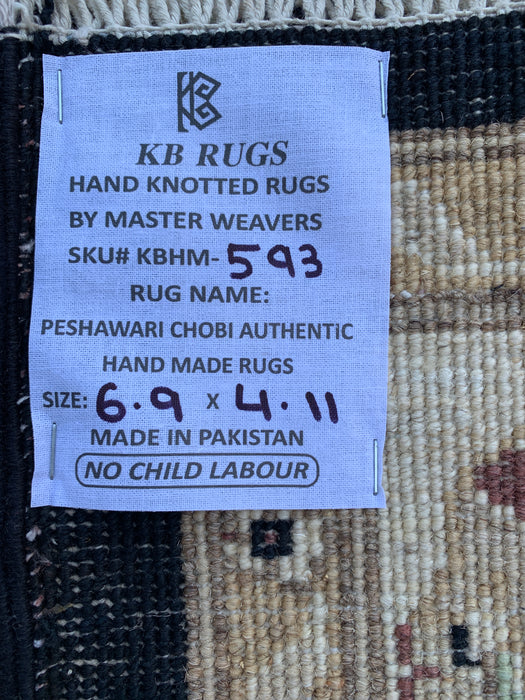 6'9 x 4'11 Handgeknoopt Peshawari Chobi wollen vloerkleed - Zwart traditioneel bloemrijk tapijt - KBHM-593