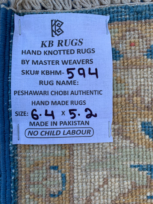 6'4 x 5'2 Hand-Knotted Peshawari Chobi Wool Rug - Blue Traditional Floral Area Rug - KBHM-594