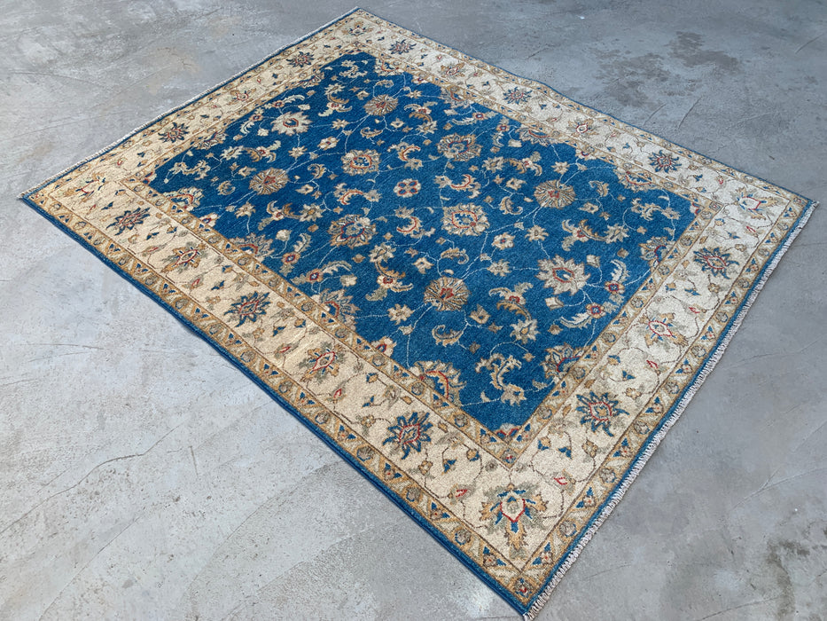 6'4 x 5'2 Hand-Knotted Peshawari Chobi Wool Rug - Blue Traditional Floral Area Rug - KBHM-594