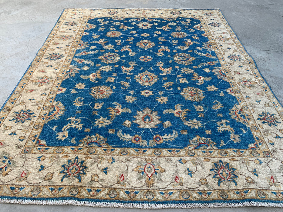 6'4 x 5'2 Hand-Knotted Peshawari Chobi Wool Rug - Blue Traditional Floral Area Rug - KBHM-594