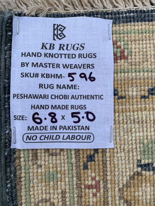 6'8 x 5'0 Hand-Knotted Peshawari Chobi Wool Rug - Blue Traditional Floral Area Rug - KBHM-596
