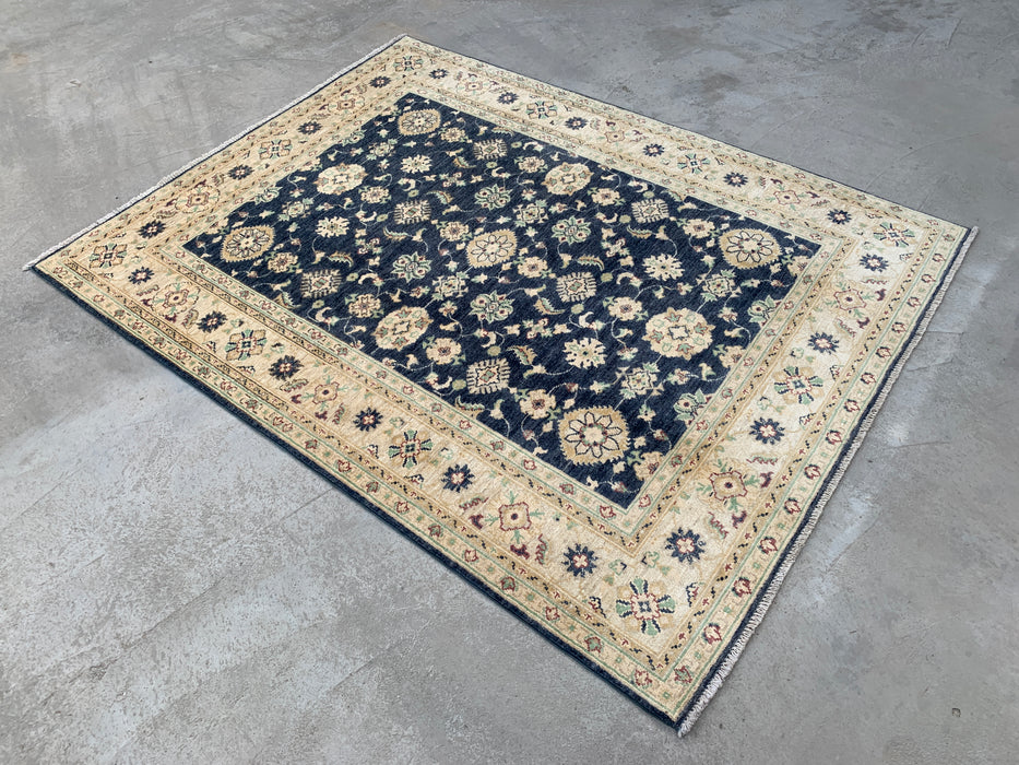 6'8 x 5'0 Hand-Knotted Peshawari Chobi Wool Rug - Blue Traditional Floral Area Rug - KBHM-596