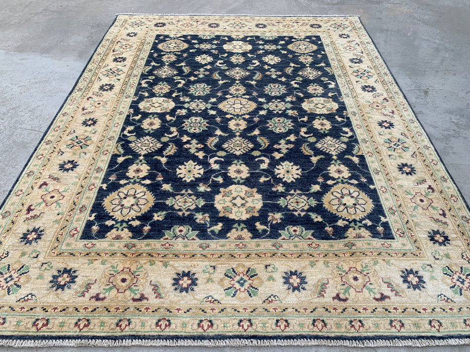 6'8 x 5'0 Hand-Knotted Peshawari Chobi Wool Rug - Blue Traditional Floral Area Rug - KBHM-596