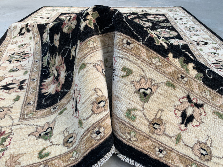 6'6 x 5'2 Hand-Knotted Peshawari Chobi Wool Rug - Black Traditional Floral Area Rug - KBHM-597