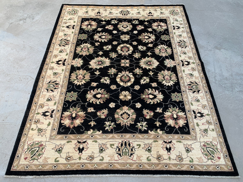 6'6 x 5'2 Hand-Knotted Peshawari Chobi Wool Rug - Black Traditional Floral Area Rug - KBHM-597