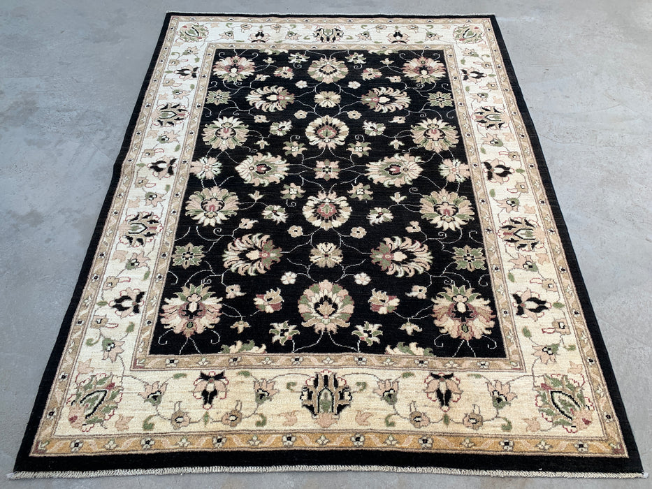 6'6 x 5'2 Hand-Knotted Peshawari Chobi Wool Rug - Black Traditional Floral Area Rug - KBHM-597