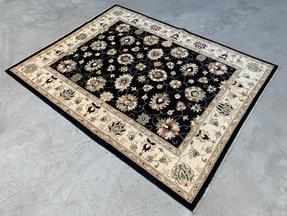 6'6 x 5'2 Hand-Knotted Peshawari Chobi Wool Rug - Black Traditional Floral Area Rug - KBHM-597