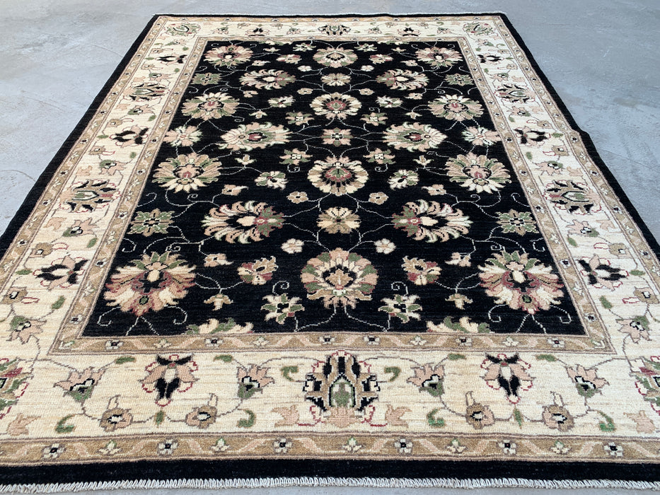 6'6 x 5'2 Hand-Knotted Peshawari Chobi Wool Rug - Black Traditional Floral Area Rug - KBHM-597