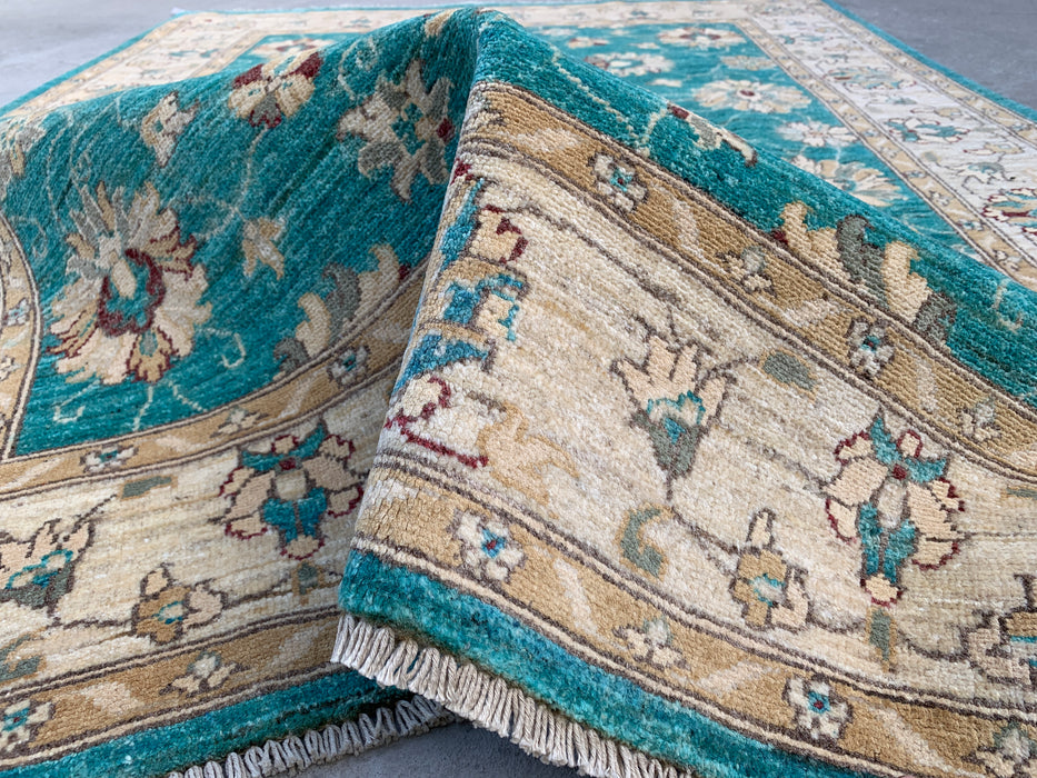 6'5 x 4'10 Hand-Knotted Peshawari Chobi Wool Rug - Turquoise Blue Traditional Floral Area Rug - KBHM-598