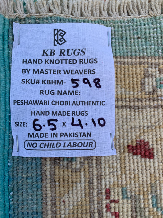 6'5 x 4'10 Hand-Knotted Peshawari Chobi Wool Rug - Turquoise Blue Traditional Floral Area Rug - KBHM-598