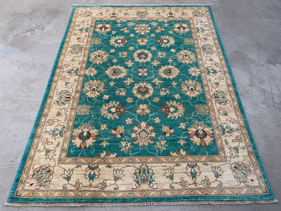 6'5 x 4'10 Hand-Knotted Peshawari Chobi Wool Rug - Turquoise Blue Traditional Floral Area Rug - KBHM-598