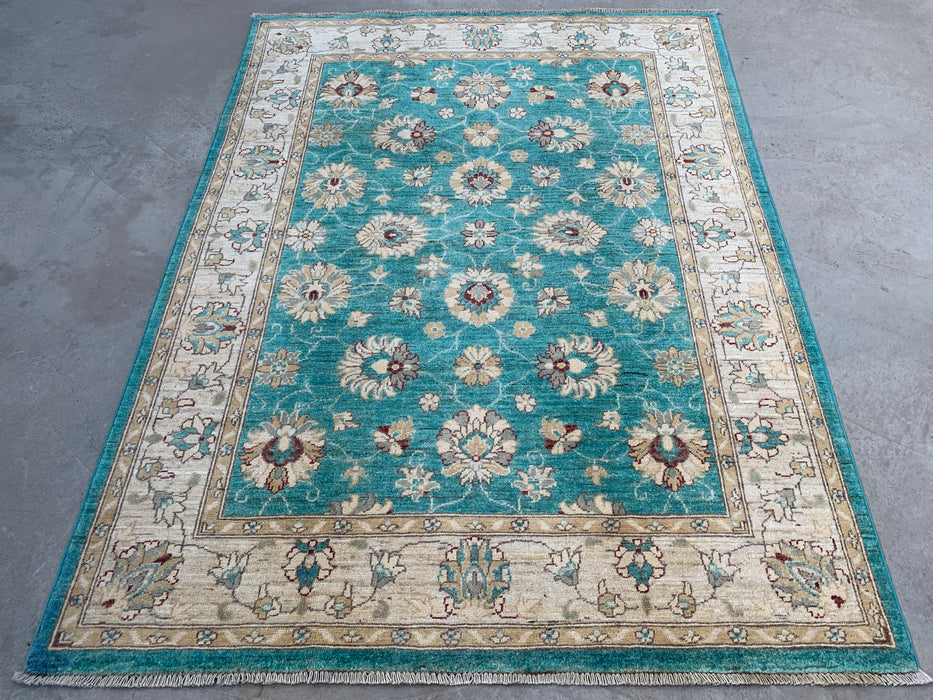 6'5 x 4'10 Hand-Knotted Peshawari Chobi Wool Rug - Turquoise Blue Traditional Floral Area Rug - KBHM-598