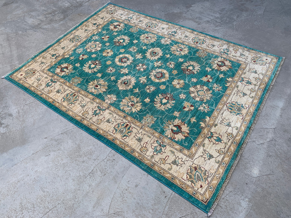 6'5 x 4'10 Hand-Knotted Peshawari Chobi Wool Rug - Turquoise Blue Traditional Floral Area Rug - KBHM-598