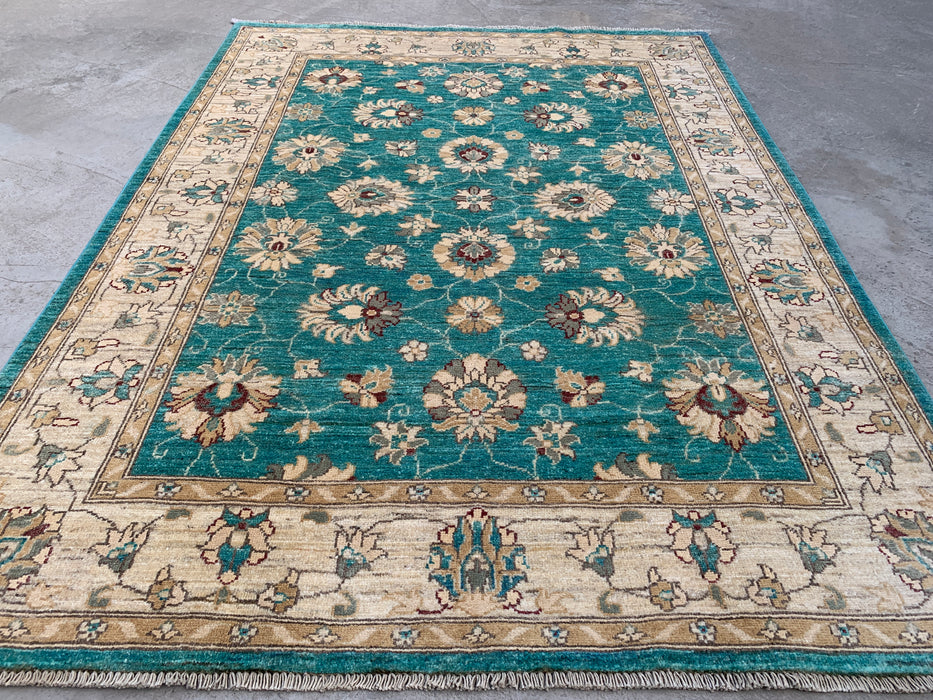 6'5 x 4'10 Hand-Knotted Peshawari Chobi Wool Rug - Turquoise Blue Traditional Floral Area Rug - KBHM-598