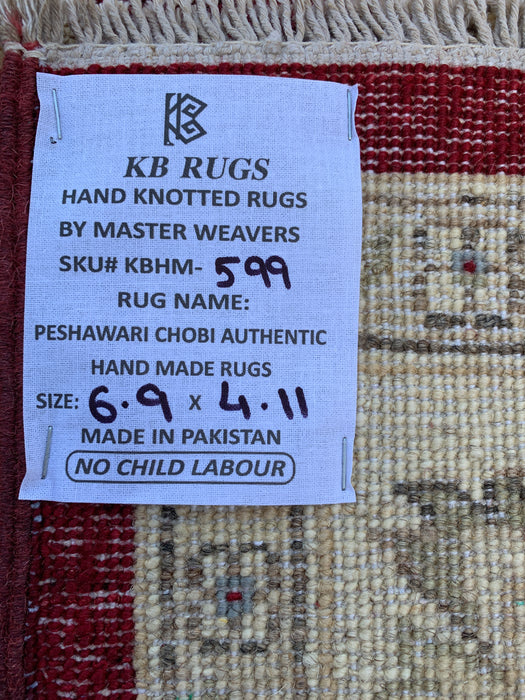 6'9 x 4'11 Hand-Knotted Peshawari Chobi Wool Rug - Red Traditional Floral Area Rug - KBHM-599