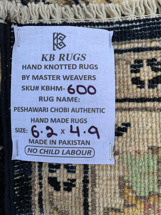 6'2 x 4'9 Hand-Knotted Peshawari Chobi Wool Rug - Black Traditional Floral Area Rug - KBHM-600