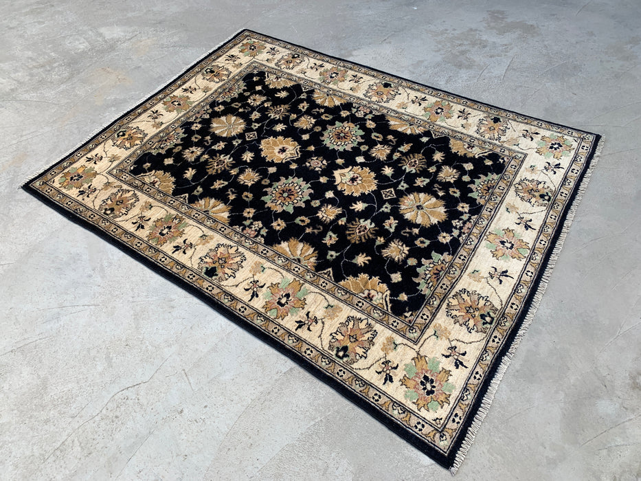 6'2 x 4'9 Hand-Knotted Peshawari Chobi Wool Rug - Black Traditional Floral Area Rug - KBHM-600