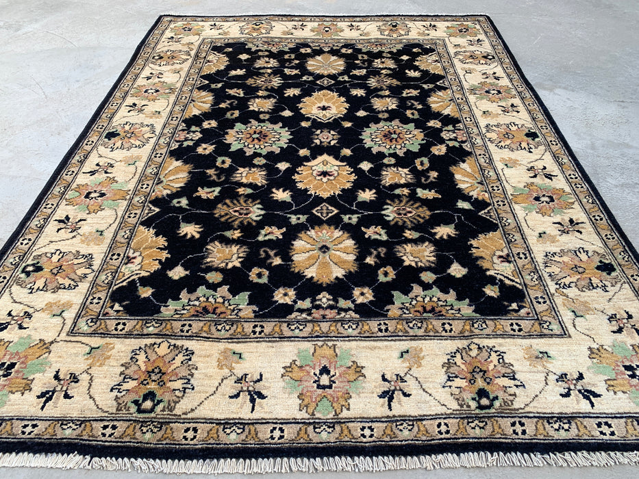 6'2 x 4'9 Hand-Knotted Peshawari Chobi Wool Rug - Black Traditional Floral Area Rug - KBHM-600