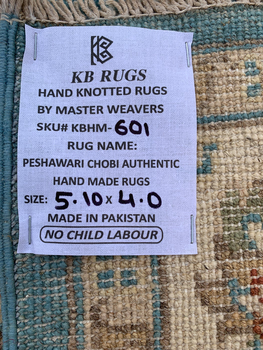 178 x 122 cm handgeknoopt Peshawari Chobi wollen tapijt - Blauw traditioneel bloemrijk vloerkleed - KBHM-601