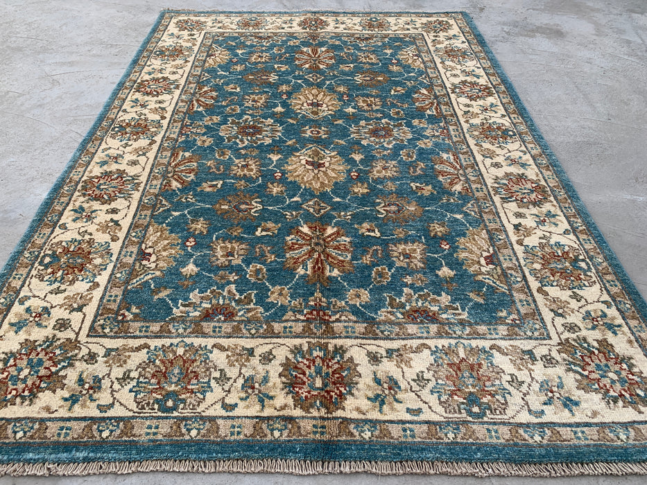 178 x 122 cm handgeknoopt Peshawari Chobi wollen tapijt - Blauw traditioneel bloemrijk vloerkleed - KBHM-601