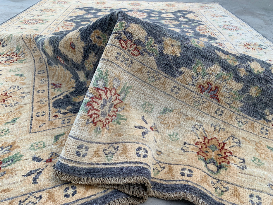 6'8 x 5'0 handgeknoopt Peshawari Chobi wollen tapijt - Grijs traditioneel bloemenkleed - KBHM-602