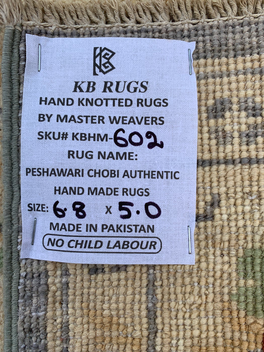 6'8 x 5'0 handgeknoopt Peshawari Chobi wollen tapijt - Grijs traditioneel bloemenkleed - KBHM-602