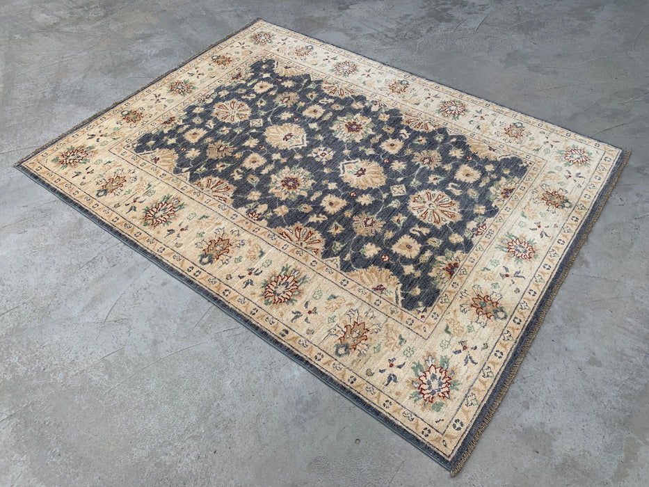 6'8 x 5'0 handgeknoopt Peshawari Chobi wollen tapijt - Grijs traditioneel bloemenkleed - KBHM-602
