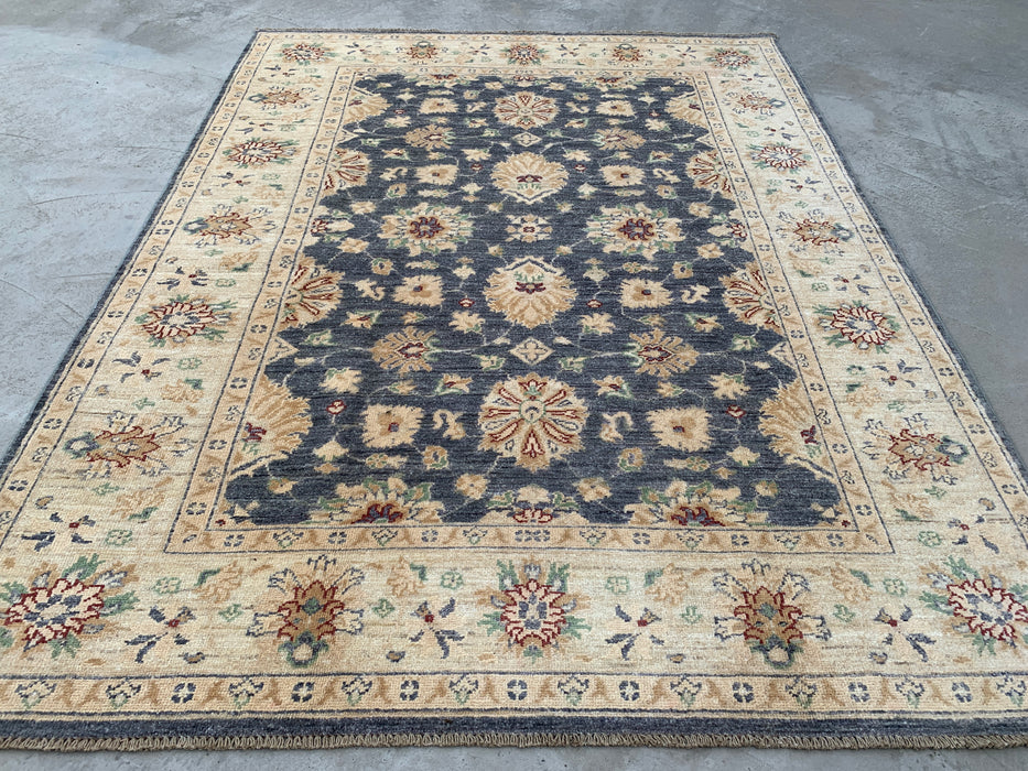 6'8 x 5'0 handgeknoopt Peshawari Chobi wollen tapijt - Grijs traditioneel bloemenkleed - KBHM-602