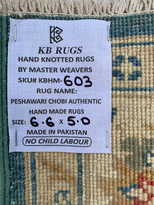6'6 x 5'0 Hand-Knotted Peshawari Chobi Wool Rug - Blue Traditional Floral Area Rug - KBHM-603