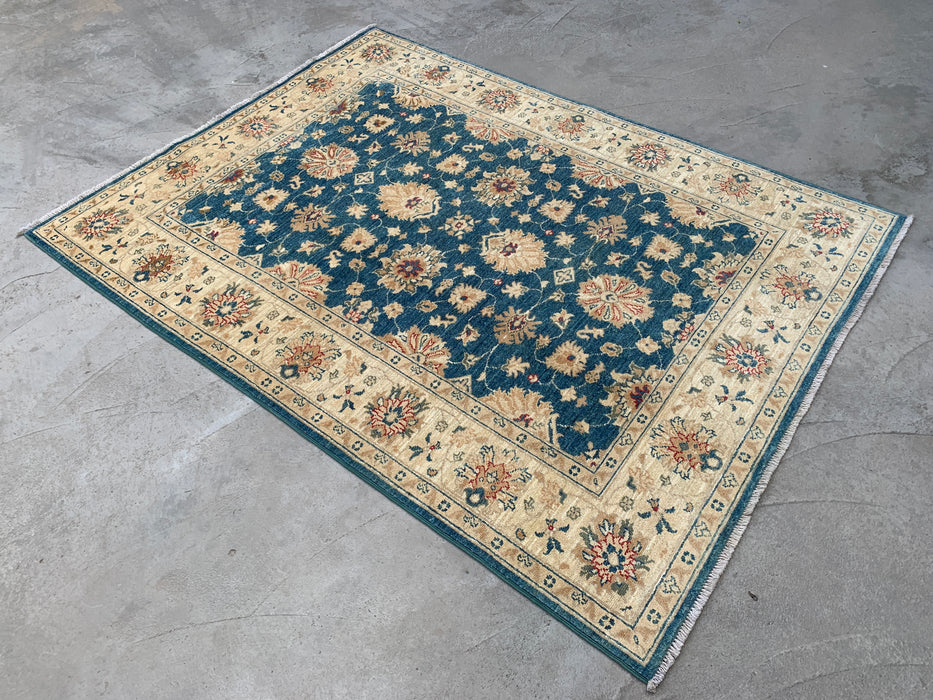 6'6 x 5'0 Hand-Knotted Peshawari Chobi Wool Rug - Blue Traditional Floral Area Rug - KBHM-603