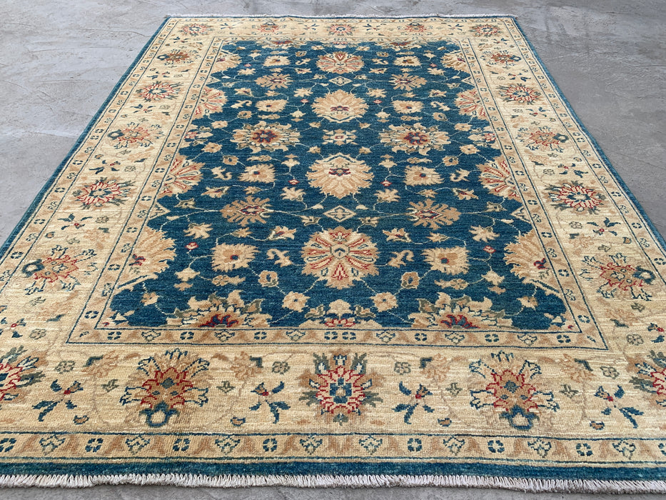 6'6 x 5'0 Hand-Knotted Peshawari Chobi Wool Rug - Blue Traditional Floral Area Rug - KBHM-603
