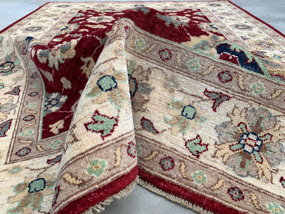 6'8 x 5'0 Handgeknoopt Peshawari Chobi wollen tapijt - Rood traditioneel bloemenkleed - KBHM-604