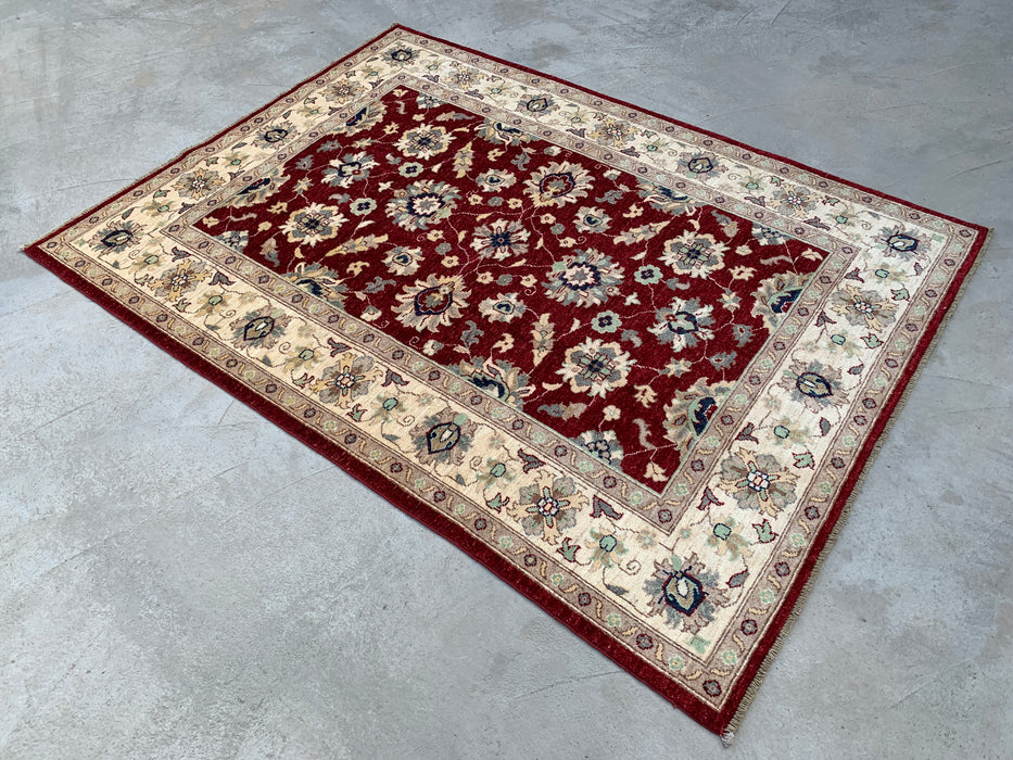 6'8 x 5'0 Handgeknoopt Peshawari Chobi wollen tapijt - Rood traditioneel bloemenkleed - KBHM-604