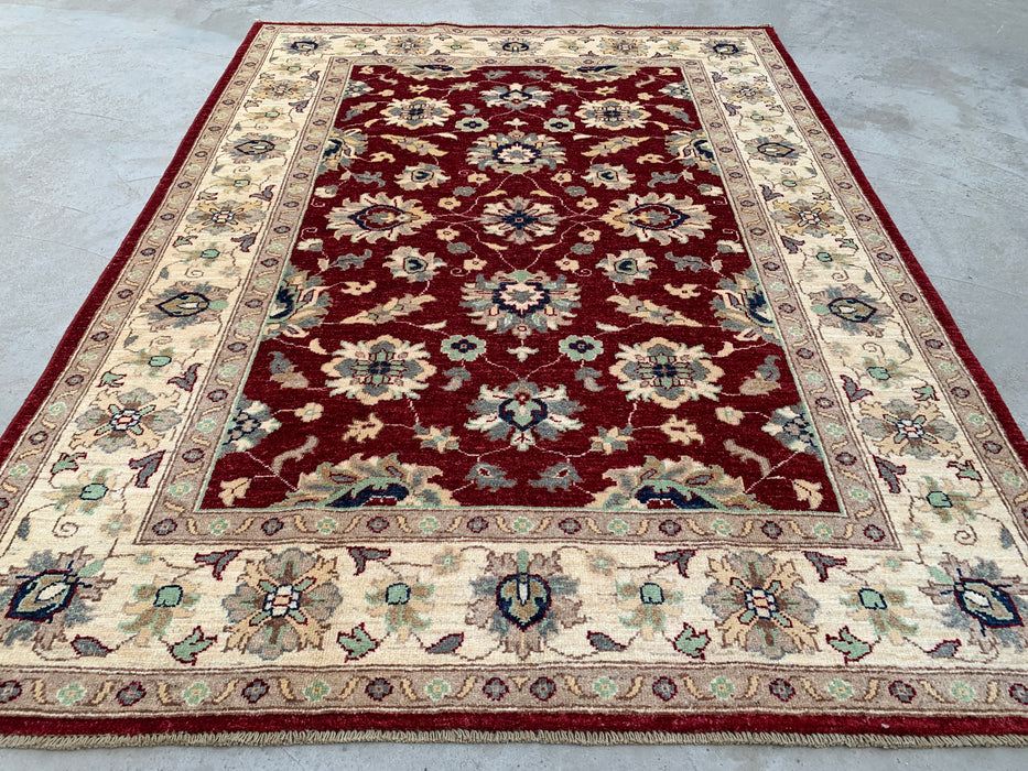6'8 x 5'0 Handgeknoopt Peshawari Chobi wollen tapijt - Rood traditioneel bloemenkleed - KBHM-604
