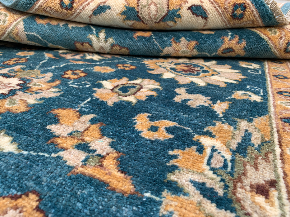 193 x 124 cm handgeknoopt Peshawari Chobi wollen tapijt - Traditioneel bloemrijk vloerkleed in blauwgroen - KBHM-605