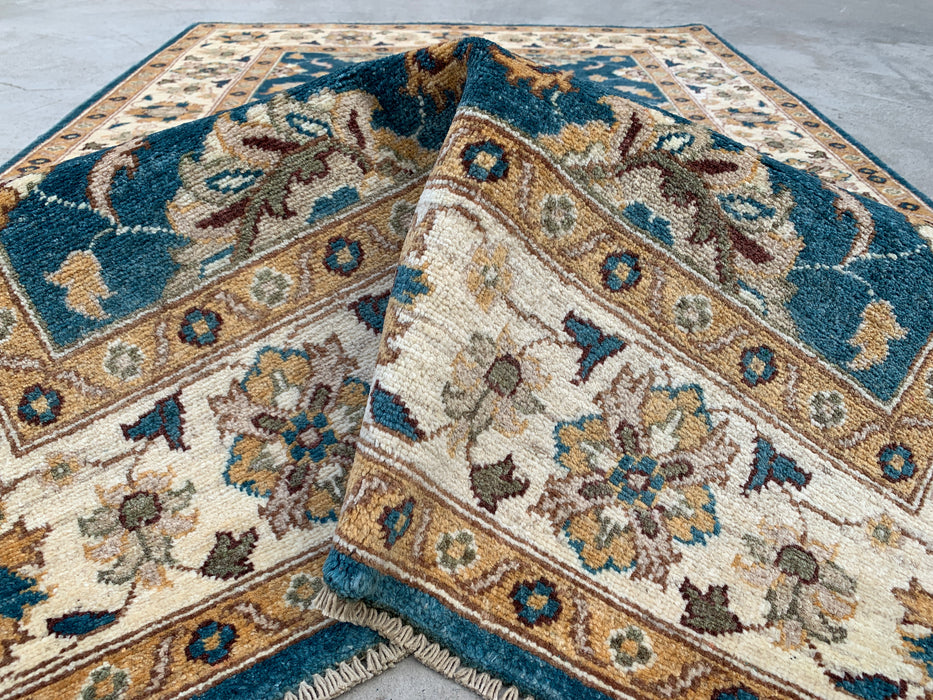 193 x 124 cm handgeknoopt Peshawari Chobi wollen tapijt - Traditioneel bloemrijk vloerkleed in blauwgroen - KBHM-605