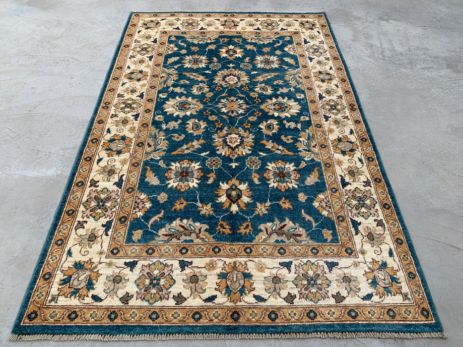 193 x 124 cm handgeknoopt Peshawari Chobi wollen tapijt - Traditioneel bloemrijk vloerkleed in blauwgroen - KBHM-605